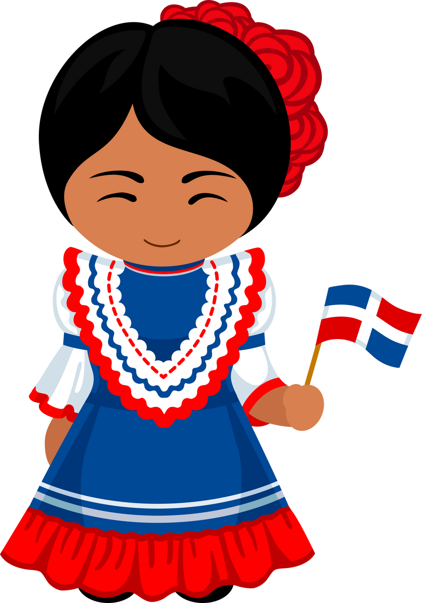 Woman in dominican national dress with flag.